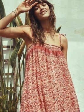 M.A.B.E Pink Floral Tie Strap Midi Dress Boho Cotton Size S